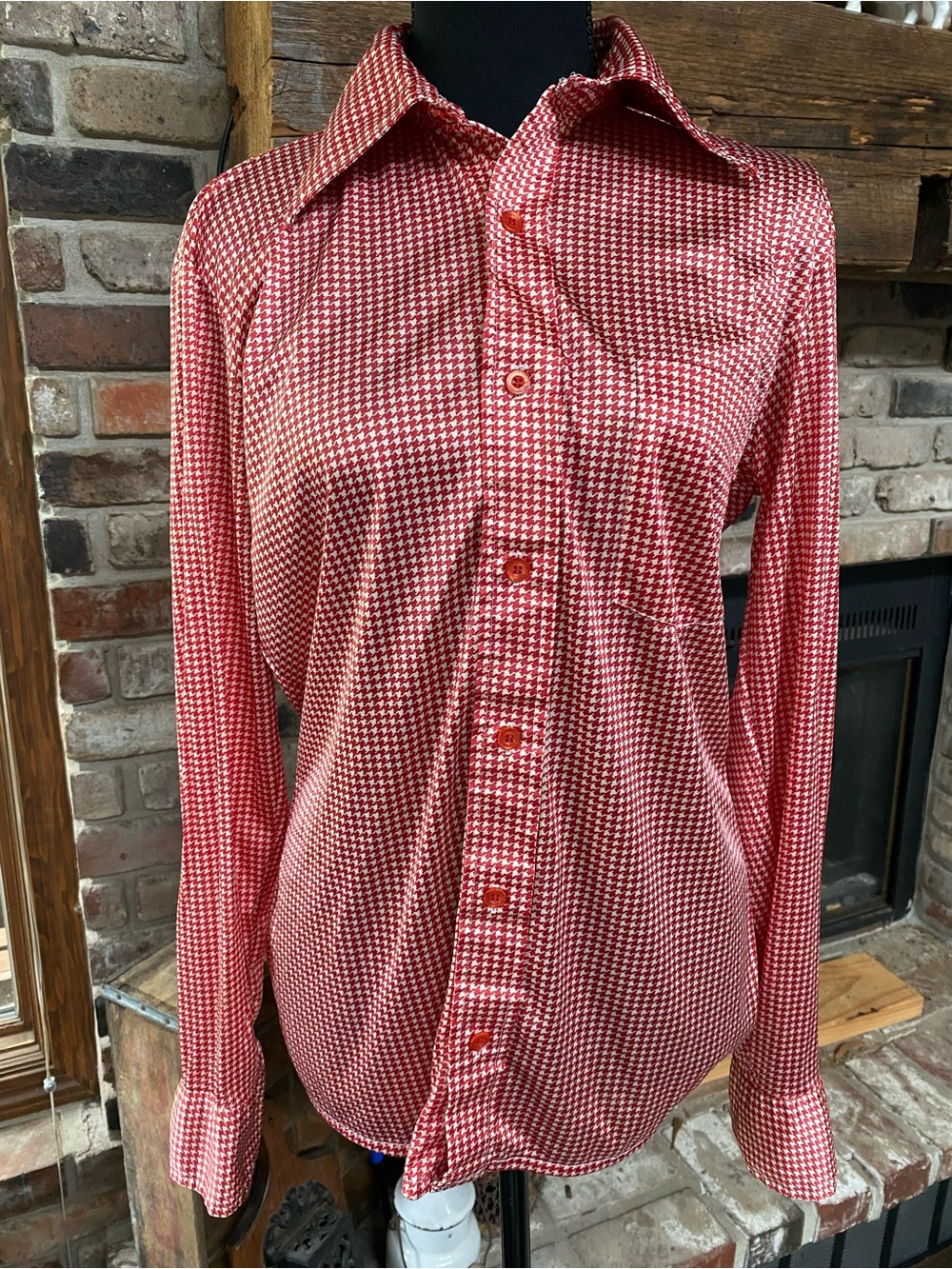 1970s Red White Houndstooth Button Front shirt Italy Vintage Oleg Cassini